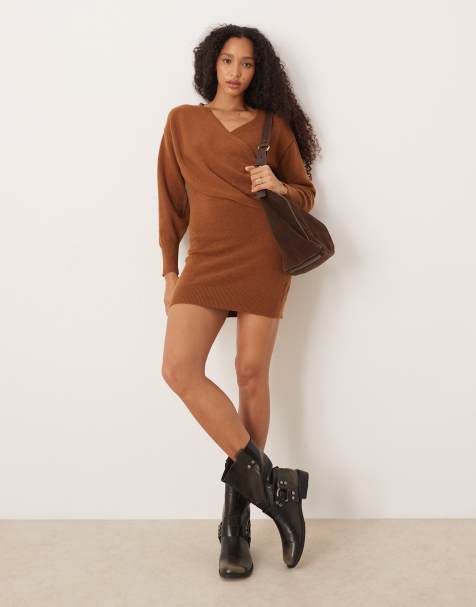 Vila knitted mini wrap dress in camel 