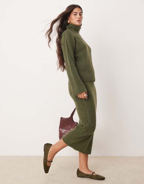 Vila knitted midi skirt co-ord in khaki