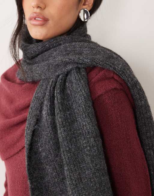 Vila écharpe en maille à franges en mélange de laine, très douce, gris foncé chiné, 2 de 3
