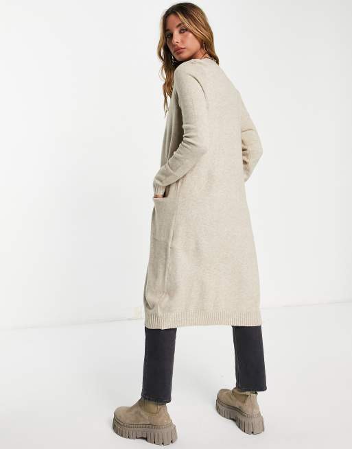 Vila edge to edge longline cardigan in beige, 3 of 4