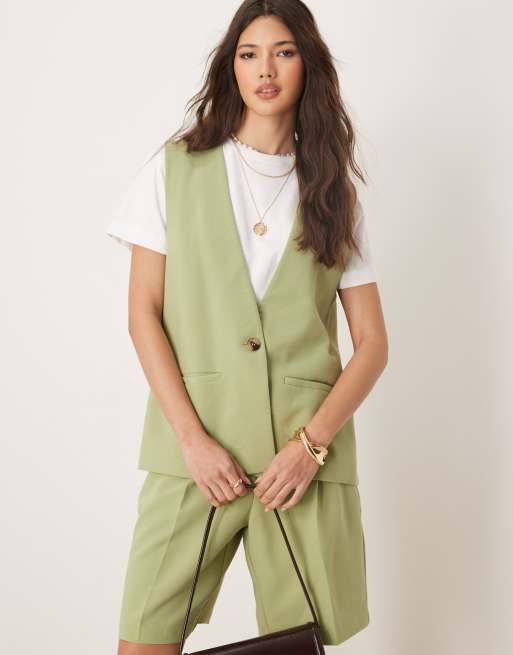 VILA - Elegant gilet met lange pasvorm in saliegroen, deel van co-ord set, 2 van 4