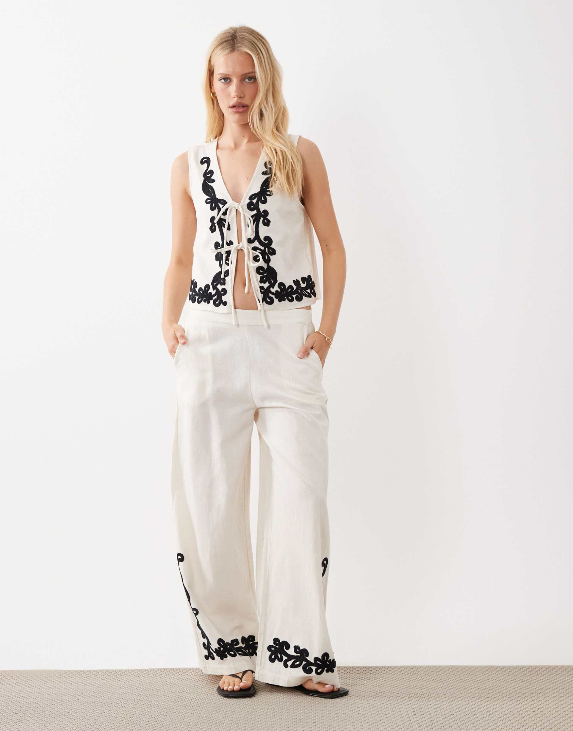 vila embroidered wide leg pants in super light heather - part of a set