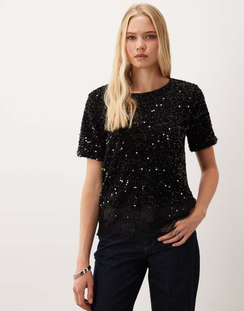 Vila ensemble 2 pièces t-shirt à sequins et velours avec bordure en dentelle noir - view 1