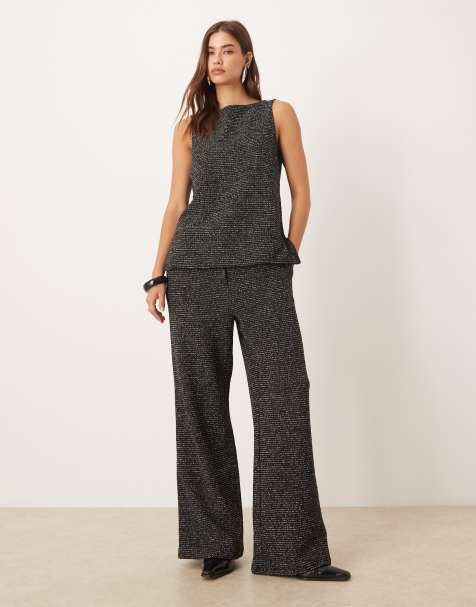 VILA - Ensemble pantalon ample et top texturé à paillettes - Noir/argenté - view 1