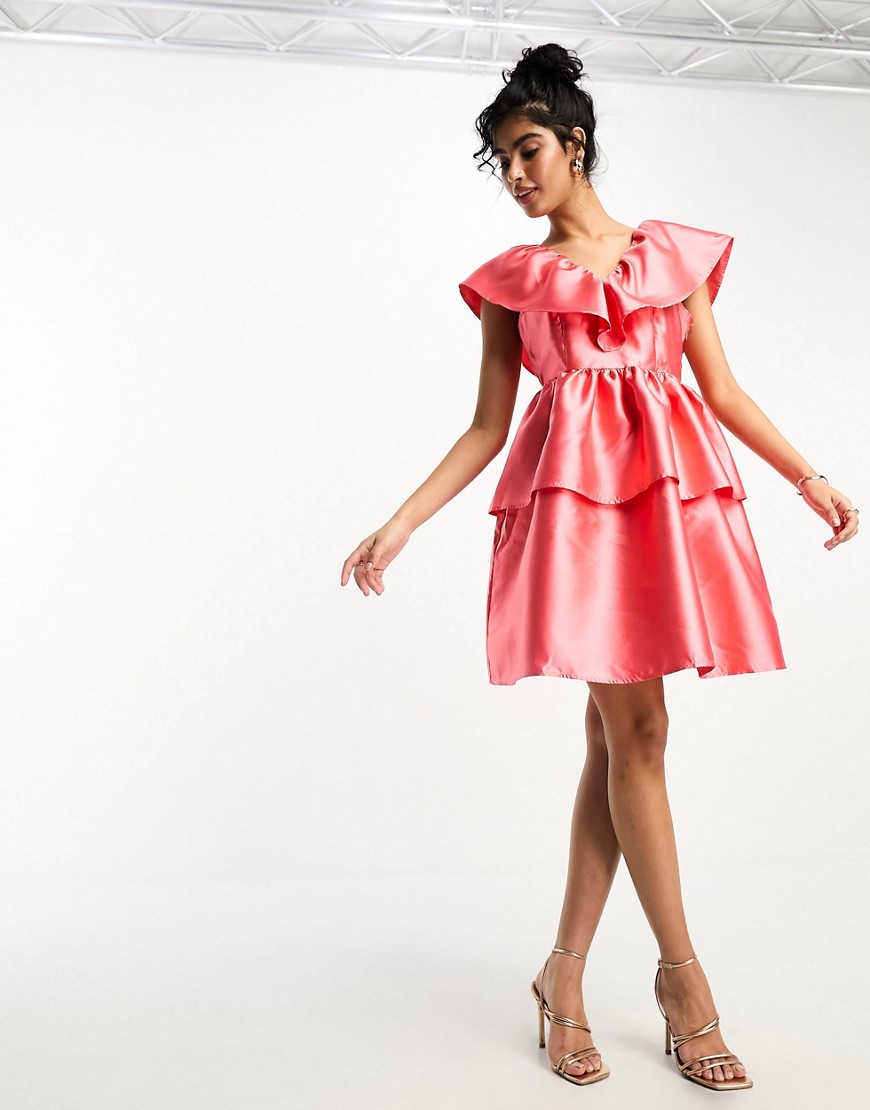 Vila Exaggerated Frill Mini Dress In Coral-pink
