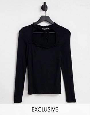 Vila Exclusive cut out top with frill detail and tie neck in black