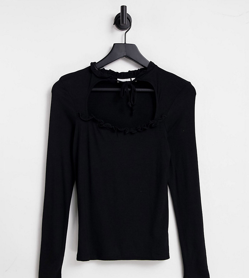 Vila Exclusive cut out top with frill detail and tie neck in black