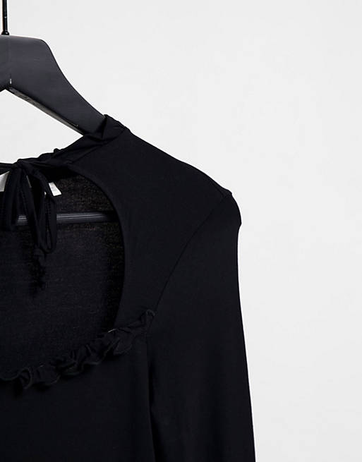  Vila Exclusive cut out top with frill detail and tie neck in black 