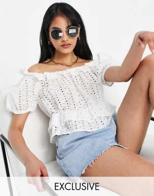 Vila Exclusive Eyelet Cropped Top With Frill Detail In White