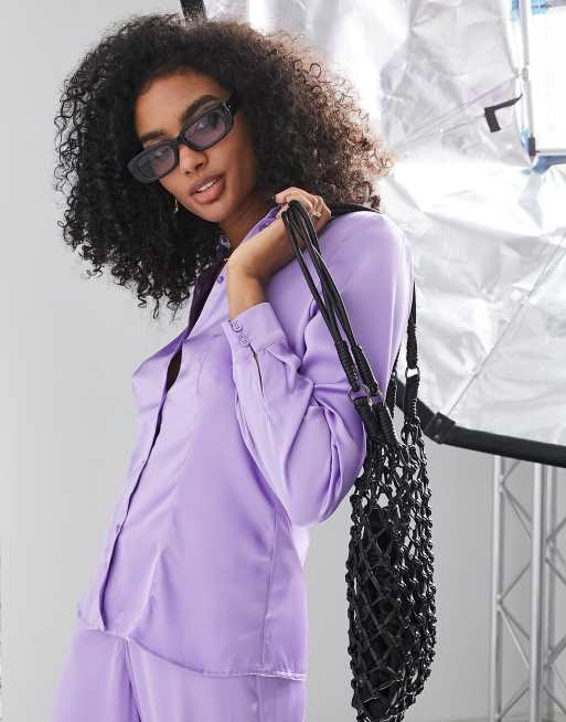 Vila exclusive fitted satin shirt in purple - part of a set