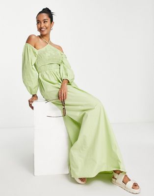 Vila Exclusive halterneck shirred maxi dress with cut out front in light green