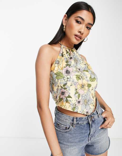 Vila Exclusive hanky halterneck top in pastel retro floral print
