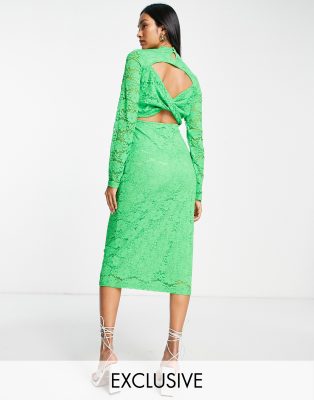 Vila exclusive lace midi dress with cut out twist back in bright green