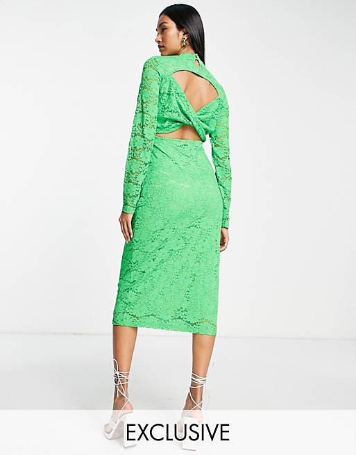 Vila exclusive lace midi dress with cut out twist back in bright green
