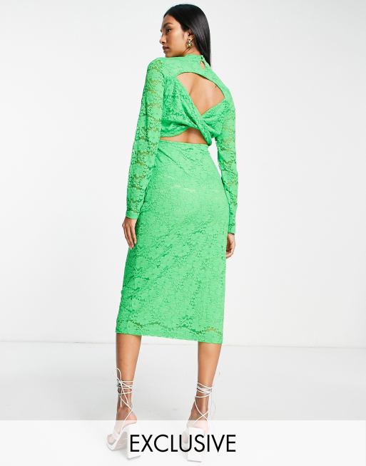 | Vila green out exclusive twist with bright cut lace in back midi ASOS dress