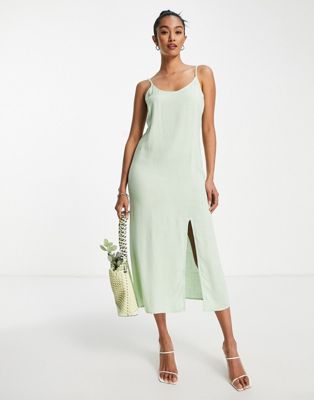 Vila Exclusive linen touch cami midi dress with slit in green