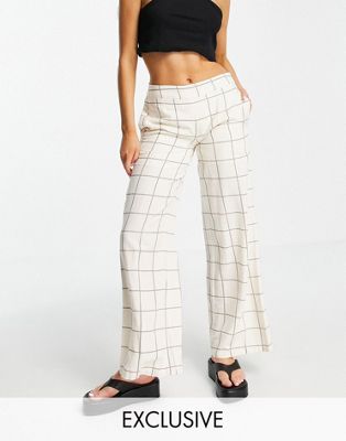 Vila exclusive linen touch wide leg trousers in cream grid check