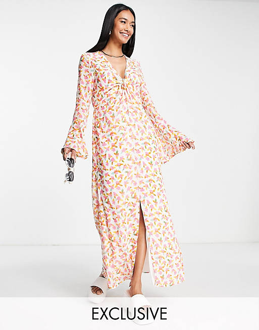 Vila exclusive maxi dress with fluted sleeves in floral print