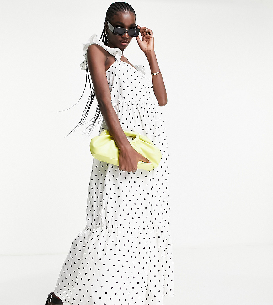 Vila exclusive maxi dress with frill sleeve in polka dot-White