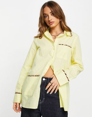Vila Exclusive Oversized Shirt With Leopard Print Tipping In Pastel Yellow