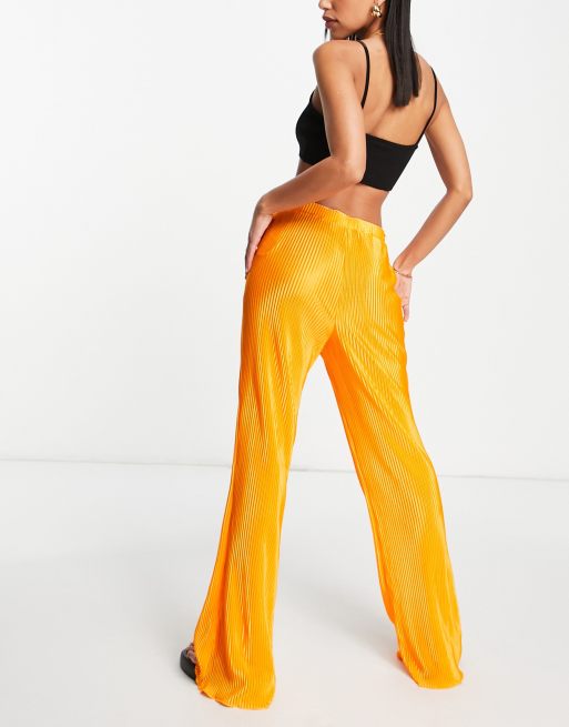 Vila exclusive plisse flared pants in bright orange, 2 of 4