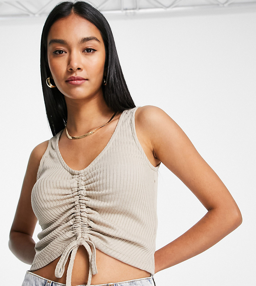 Vila Exclusive ruched front ribbed jersey tank top in sand-Neutral