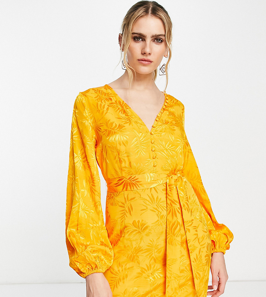 Vila Exclusive satin jacquard mini dress with button front in bright orange