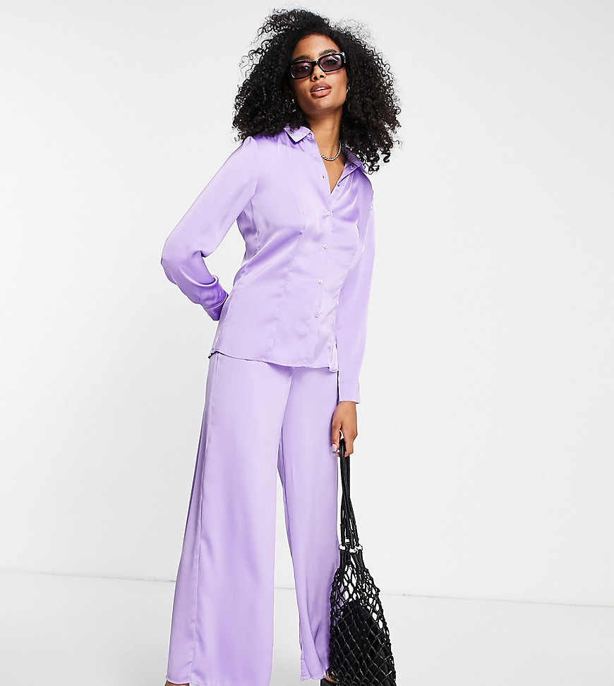 Vila exclusive satin wide leg trouser co-ord in purple