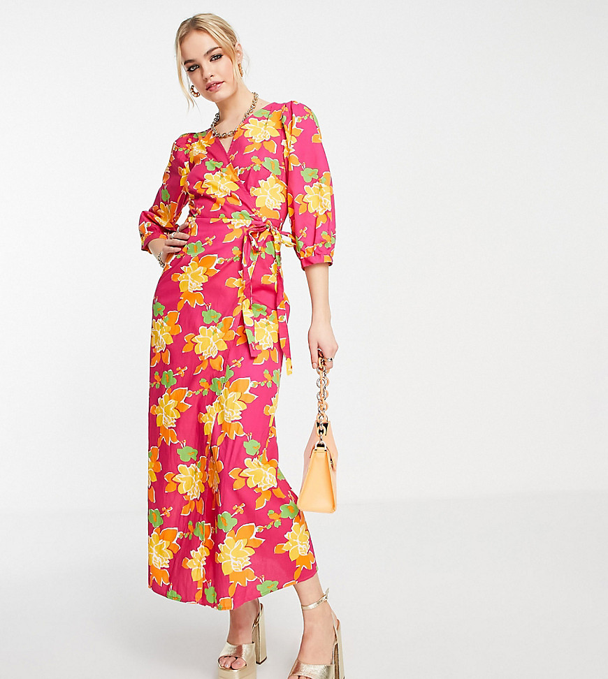 Vila exclusive wrap midi dress in pink bold floral