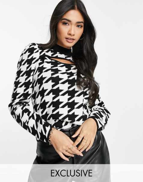 Vila - Exclusives - Hoogsluitende gebrede top met uitsnijding in oversized pied-de-poule motief - view 1