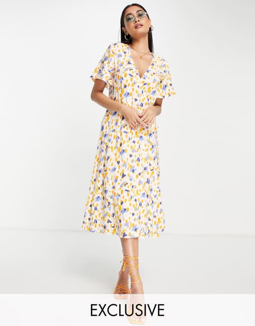 Vila - Exclusives - Midi jurk met overslag, uitlopende mouwen en abstracte print