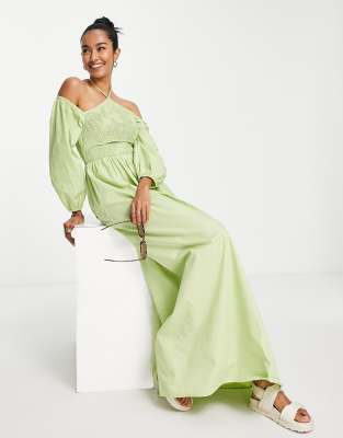Vila Exclusive halterneck shirred maxi dress with cut out front in light green - ASOS Price Checker