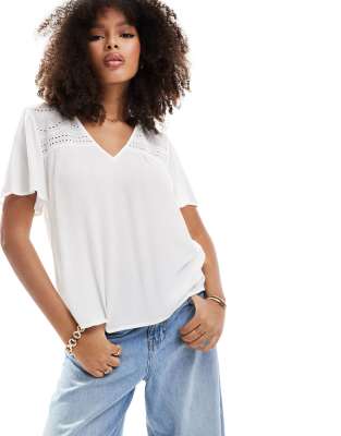 eyelet detail top with v neck in cream-Neutral