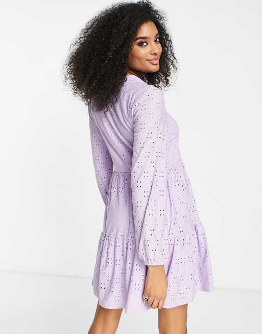 Vila eyelet mini smock dress in lilac - LILAC, 3 of 4