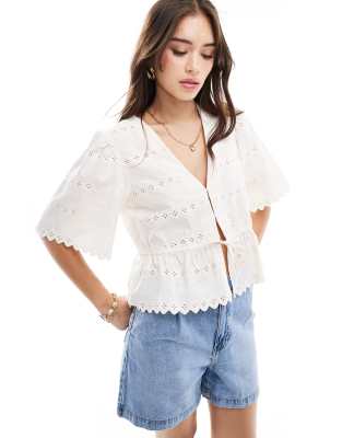 Vila Eyelet Tie Front Short Sleeve Shirt In Cream-neutral