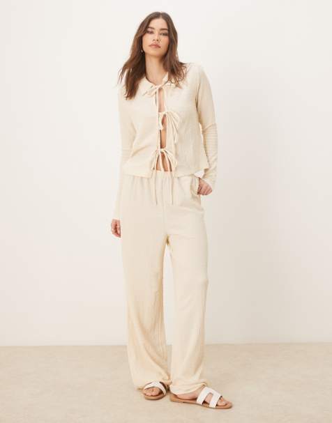 Vila textured wide leg jersey trouser co-ord in cream