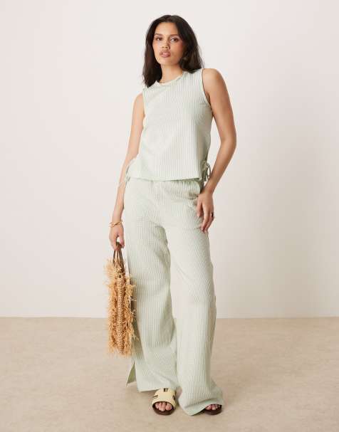Vila textured stripe wide leg trouser co-ord in green and cream