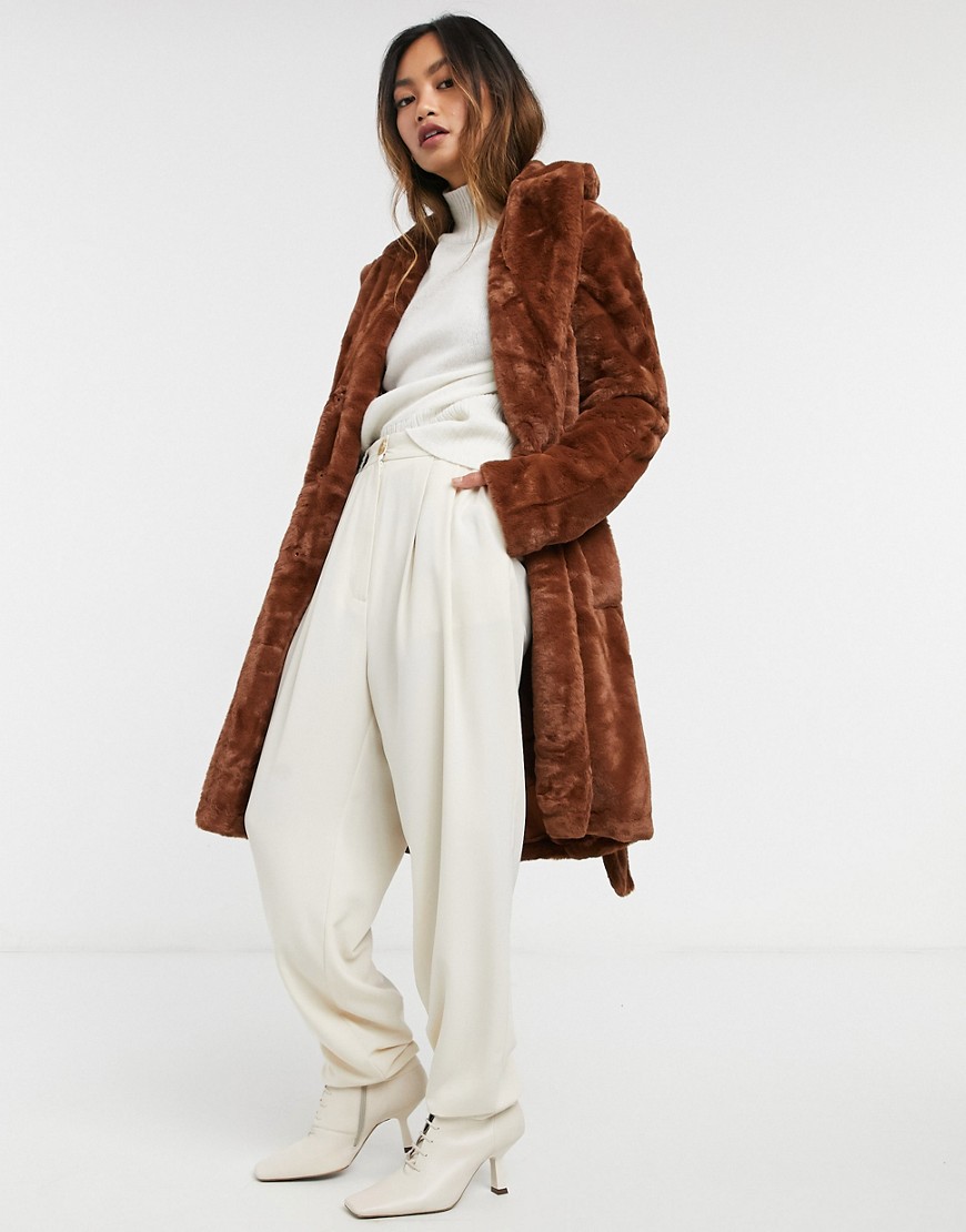 Vila faux fur coat with tie waist in brown