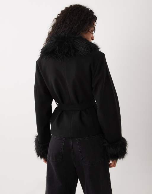 VILA faux fur collar and cuffs belted jacket in black, 3 of 4
