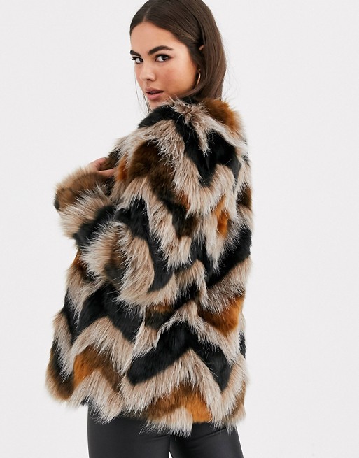 Vila faux fur jacket with chevon detail in multi