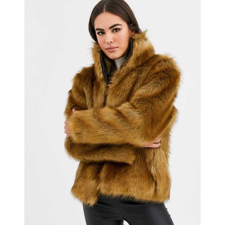 Topshop Petite faux fur coat in toffee