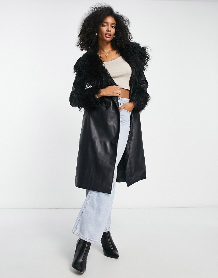 Vila faux fur trim leather look coat with belt in black