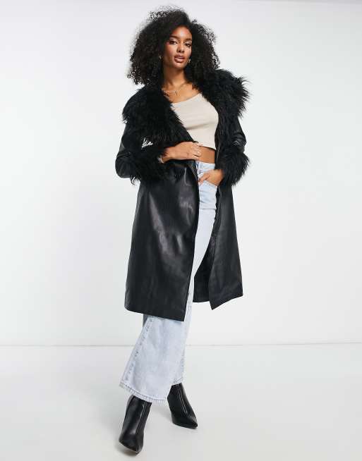 Missguided Petite Faux Leather Contrast Trim Trench Coat