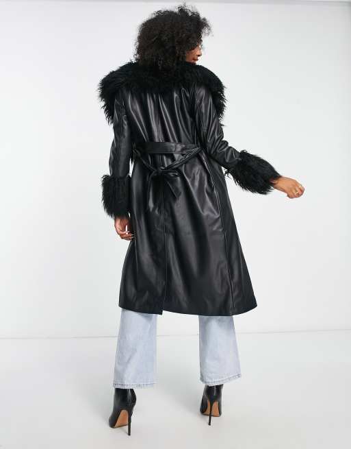 Faux Fur Trim Faux Leather Trench Coat