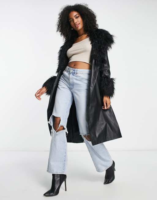 Vila faux fur trim leather look coat with belt in black