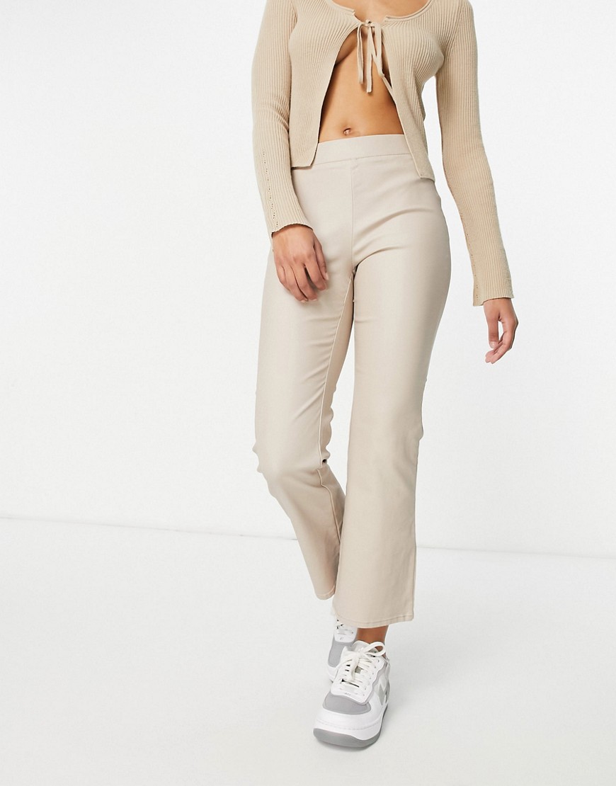 Vila faux leather flared cropped pants in light taupe-Brown