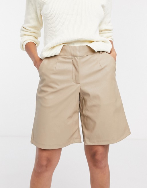 Vila faux leather longline shorts in tan