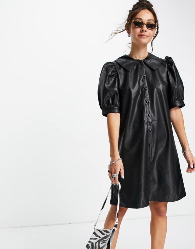 Vila faux leather shirt dress in black