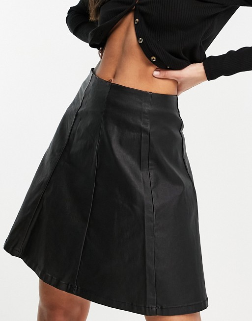 Vila faux leather skater skirt in black