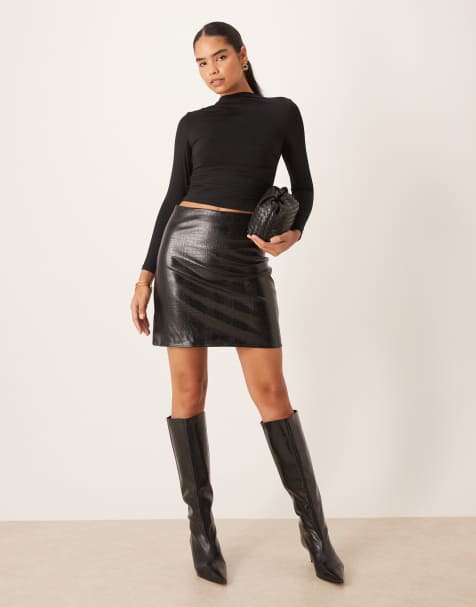 Vila faux snake skin mini skirt in black - view 1